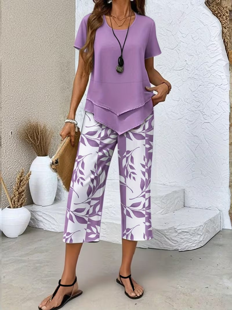 Summer 2 Piece Sets for Women with Leaf Print Tee and Wide Leg Pants