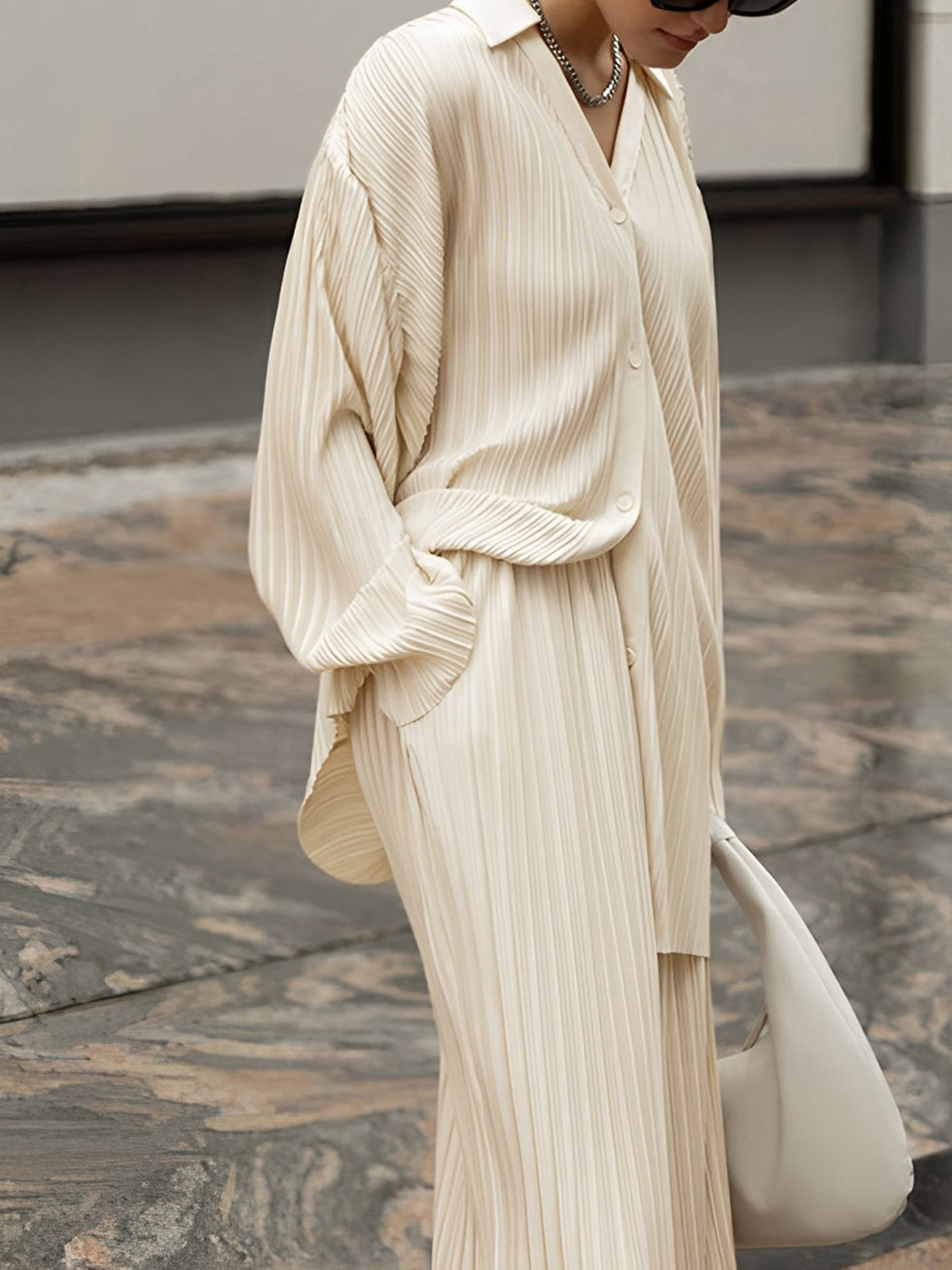 Summer 2 Piece Sets for Women with Pleated Shirt and Wide Leg Pants