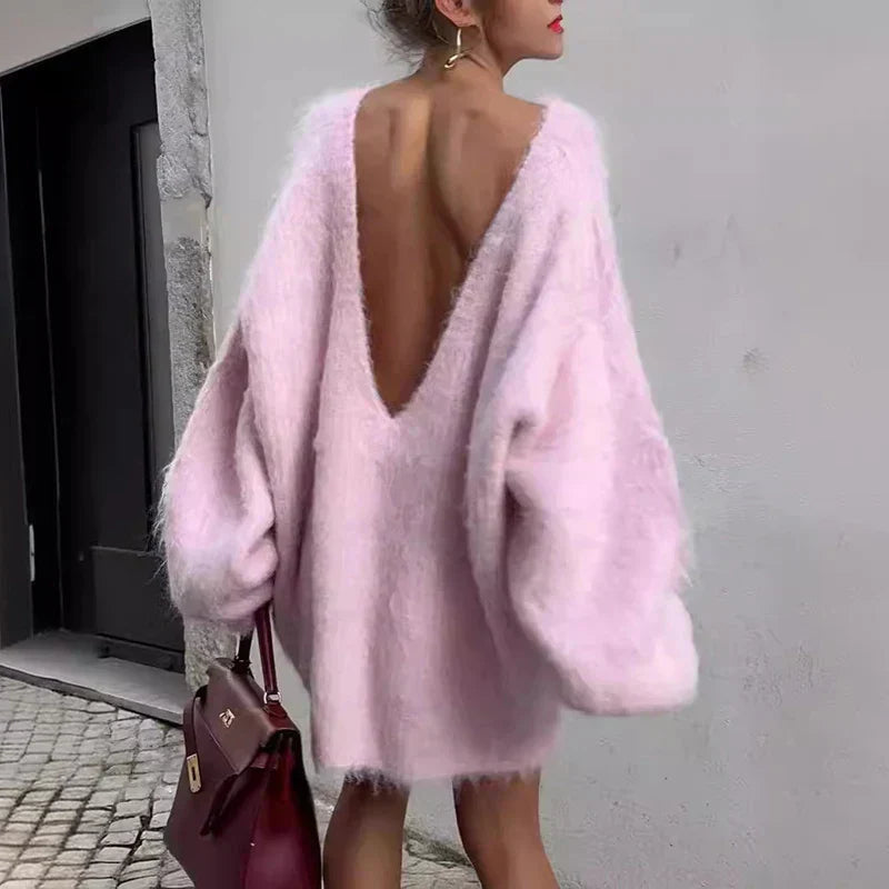 Summer Dresses Fluffy Oversized Sweater Dress with Boat Neck for Women