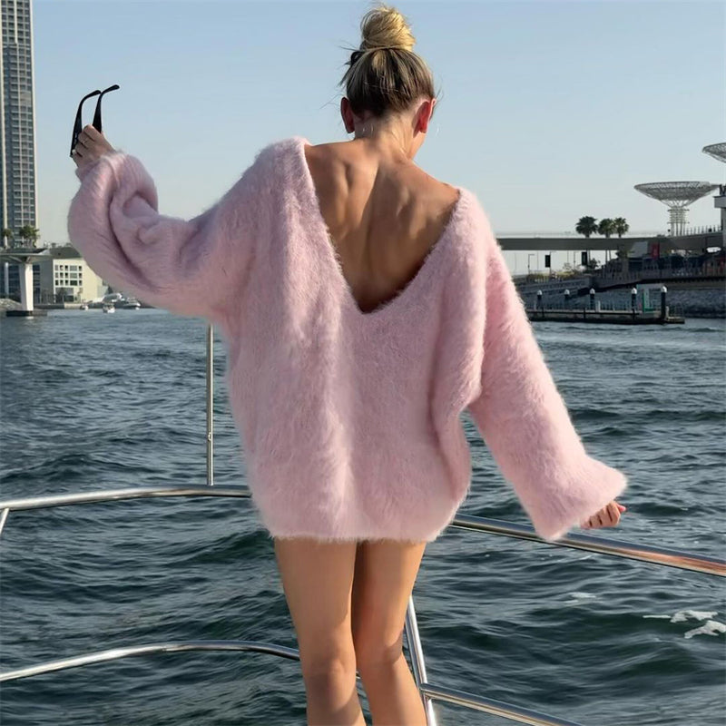 Summer Dresses Fluffy Oversized Sweater Dress with Boat Neck for Women