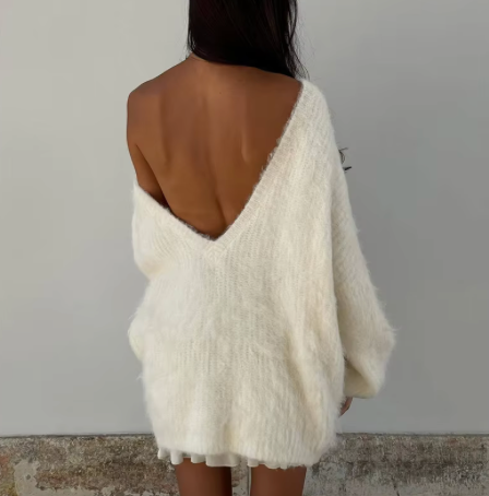 Summer Dresses Fluffy Oversized Sweater Dress with Boat Neck for Women