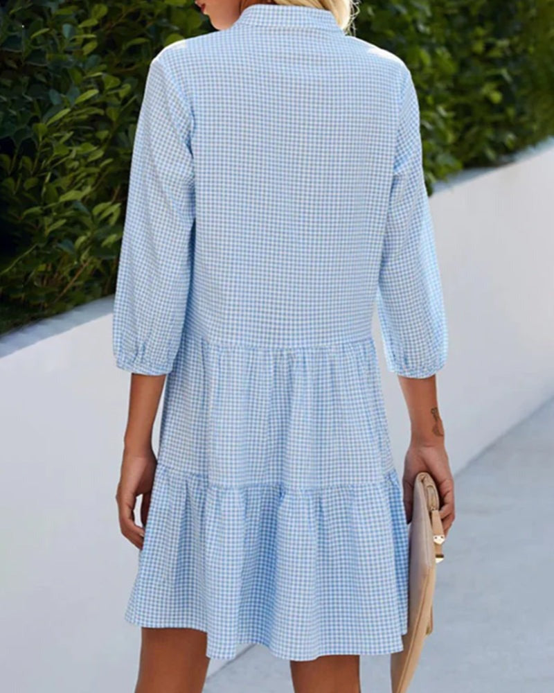 Summer Dresses for Women, Blue Gingham Tiered Mini Dress with V-Neck