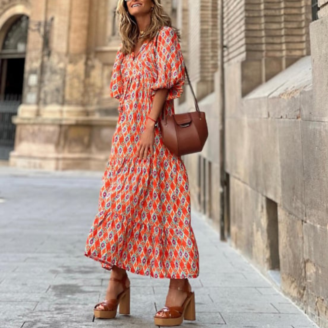 Summer Dresses for Women, Boho Floral Maxi Dress with Puff Sleeves