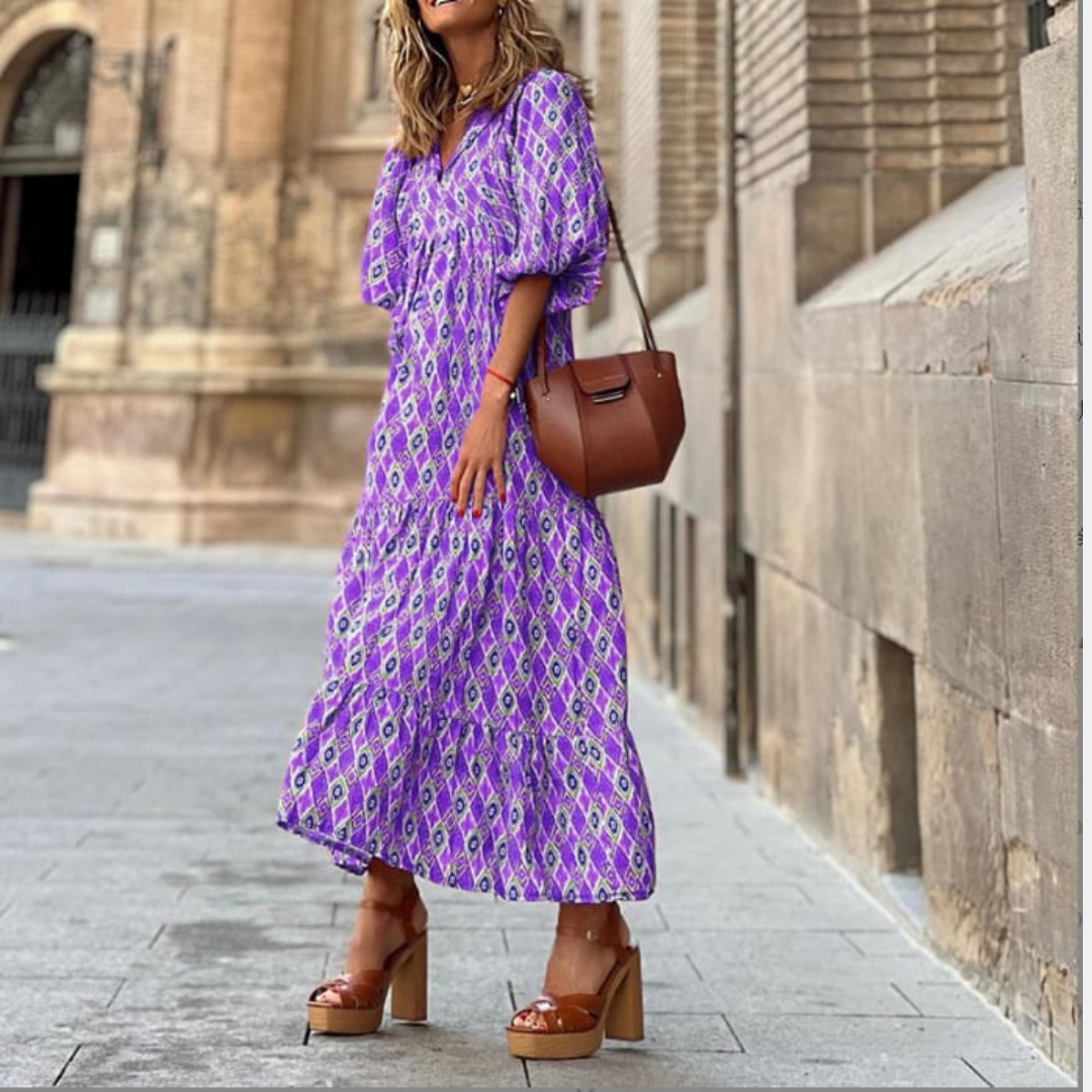 Summer Dresses for Women, Boho Floral Maxi Dress with Puff Sleeves