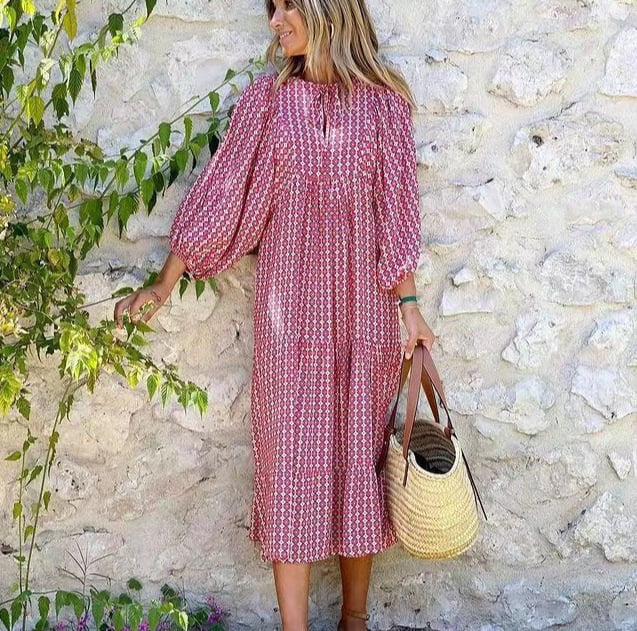 Summer Dresses for Women, Boho Floral Maxi Dress with Puff Sleeves