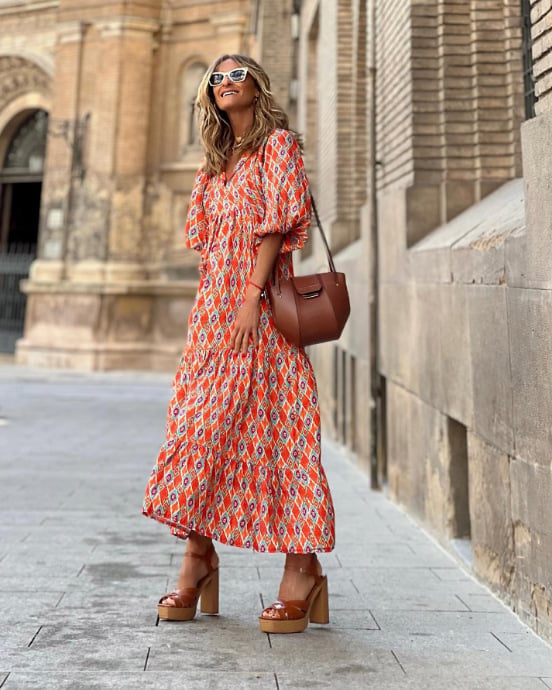 Summer Dresses for Women, Boho Floral Maxi Dress with Puff Sleeves