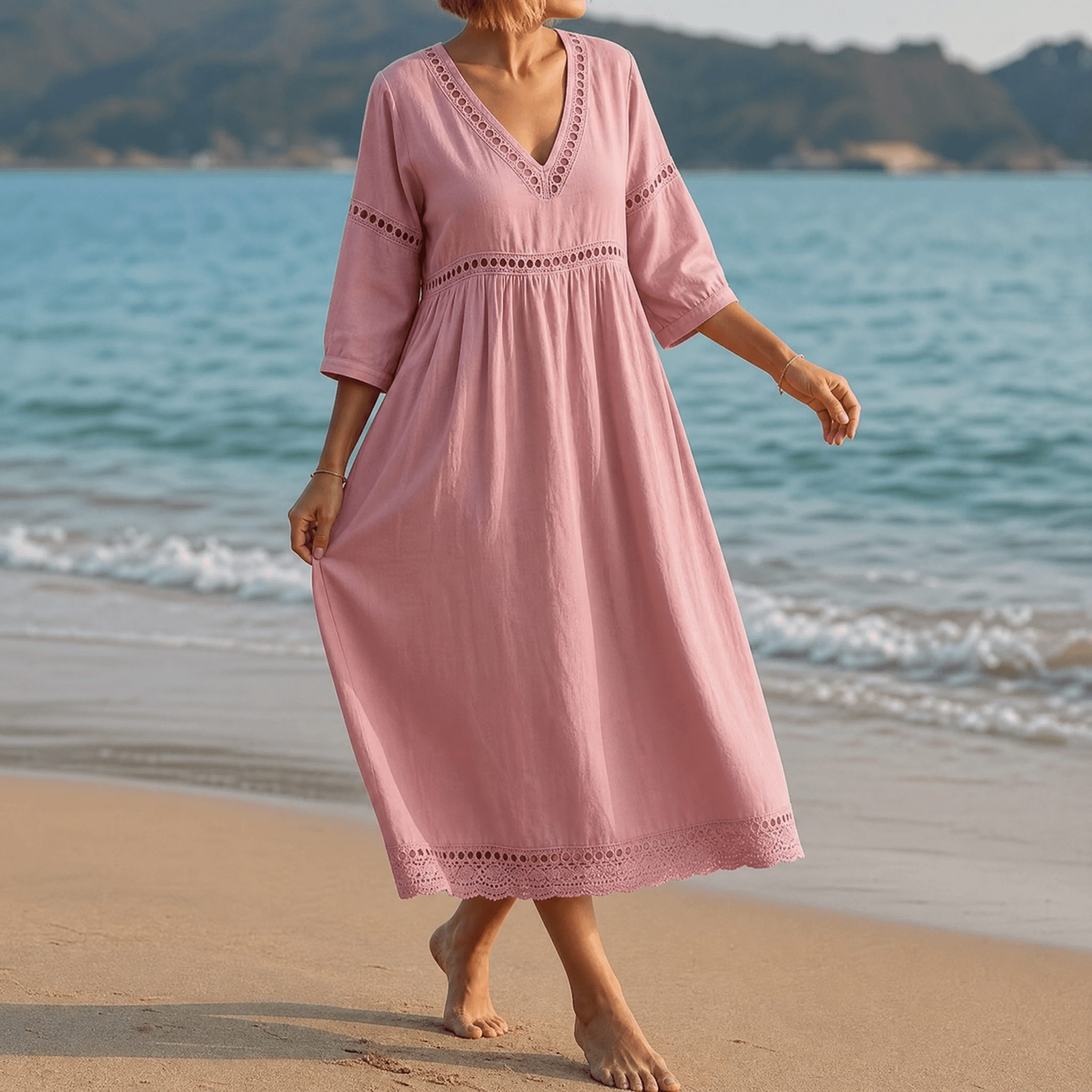 Summer Dresses for Women, Crochet Trim Midi Dress with Pockets