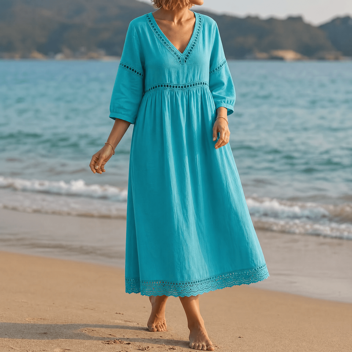 Summer Dresses for Women, Crochet Trim Midi Dress with Pockets