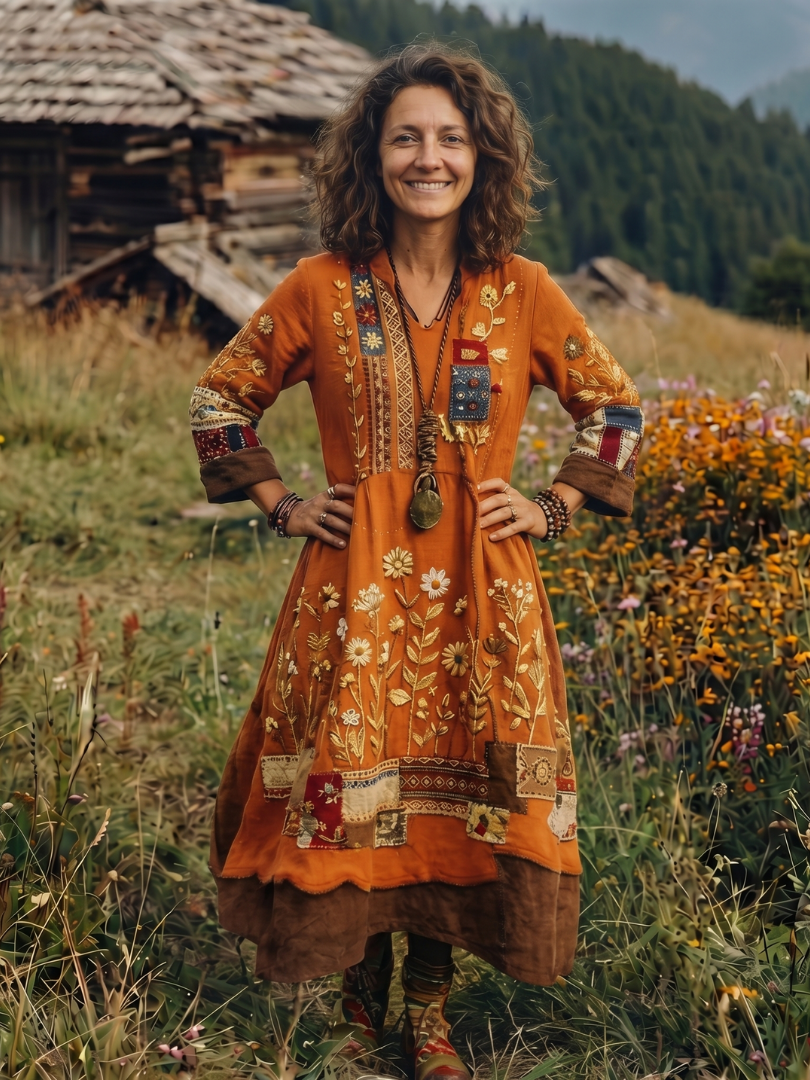 Summer Dresses for Women in Embroidered Linen-Look Midi with Patchwork