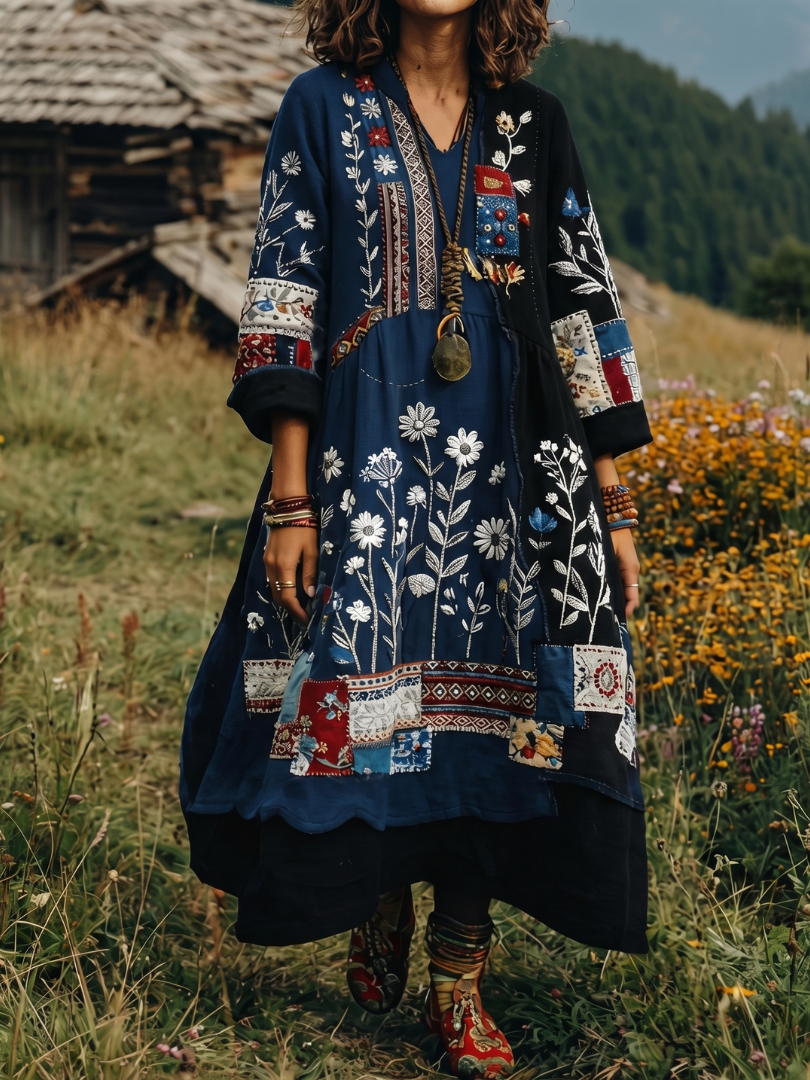 Summer Dresses for Women in Embroidered Linen-Look Midi with Patchwork