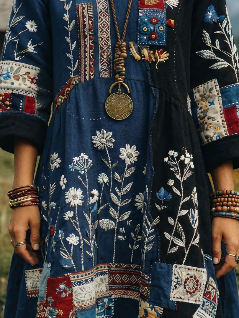 Summer Dresses for Women in Embroidered Linen-Look Midi with Patchwork