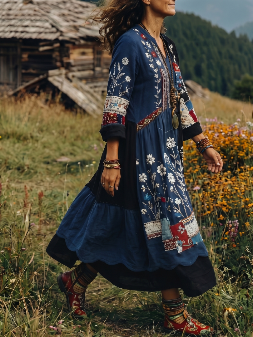 Summer Dresses for Women in Embroidered Linen-Look Midi with Patchwork