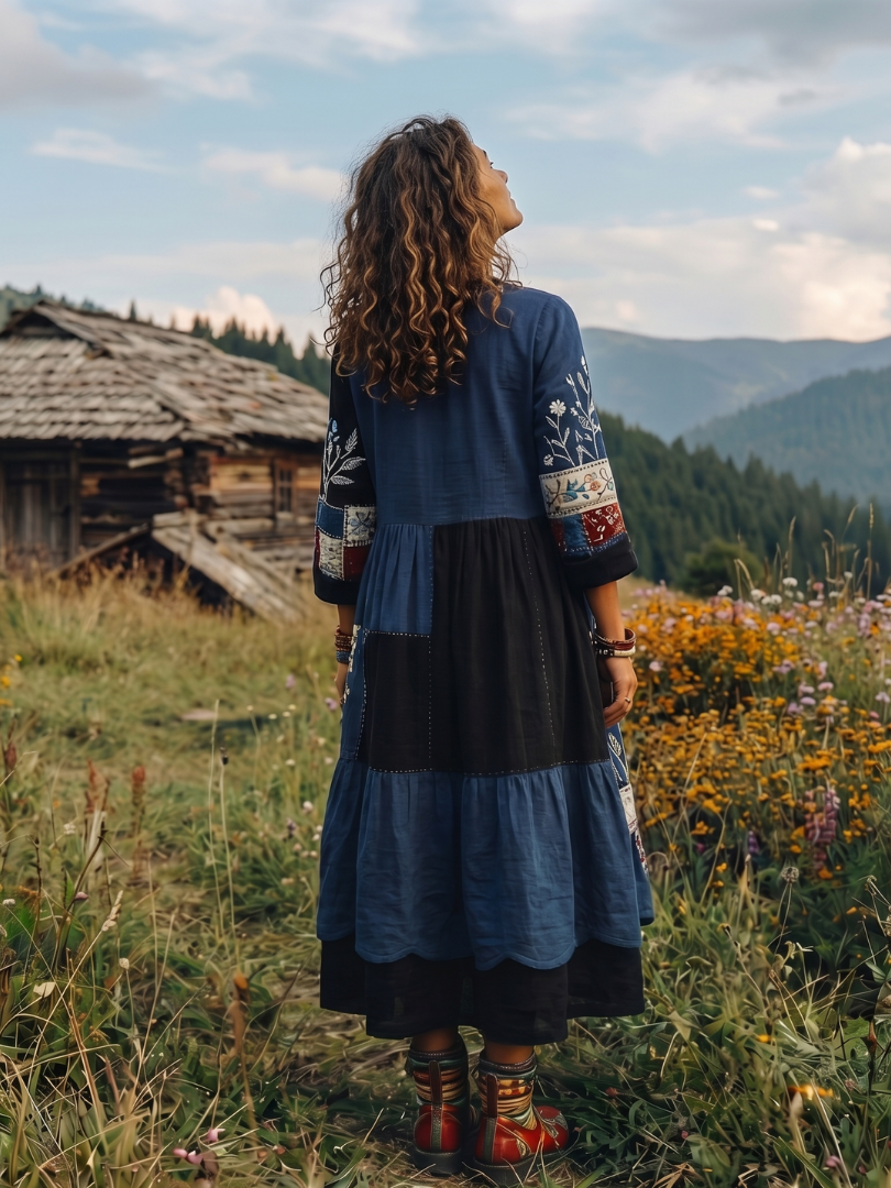 Summer Dresses for Women in Embroidered Linen-Look Midi with Patchwork