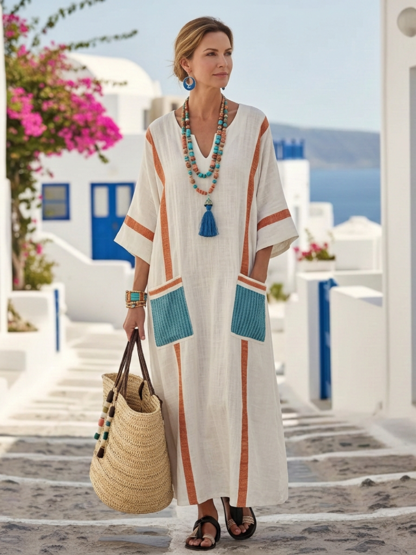 Summer Dresses for Women, V Neck 3/4 Sleeve Maxi Dress in Linen Look