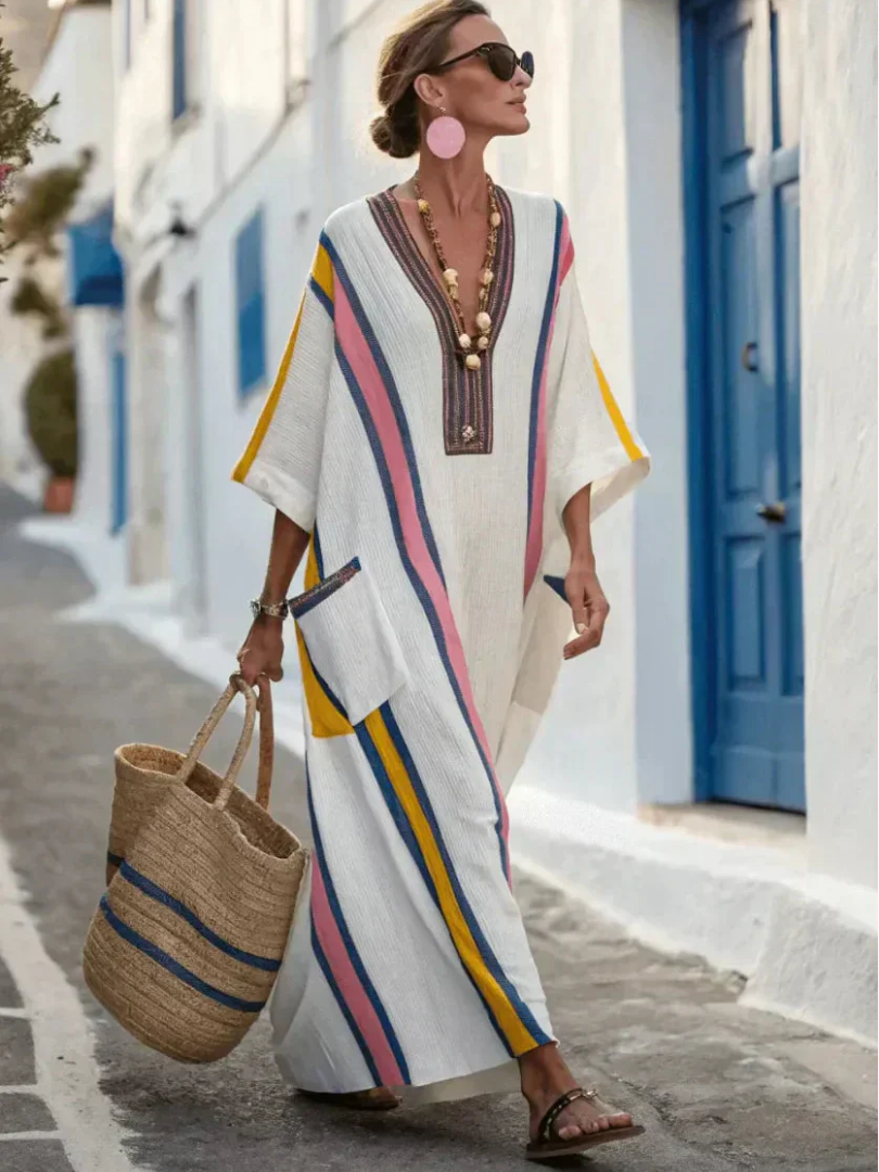 Summer Dresses for Women, V Neck 3/4 Sleeve Maxi Dress in Linen Look