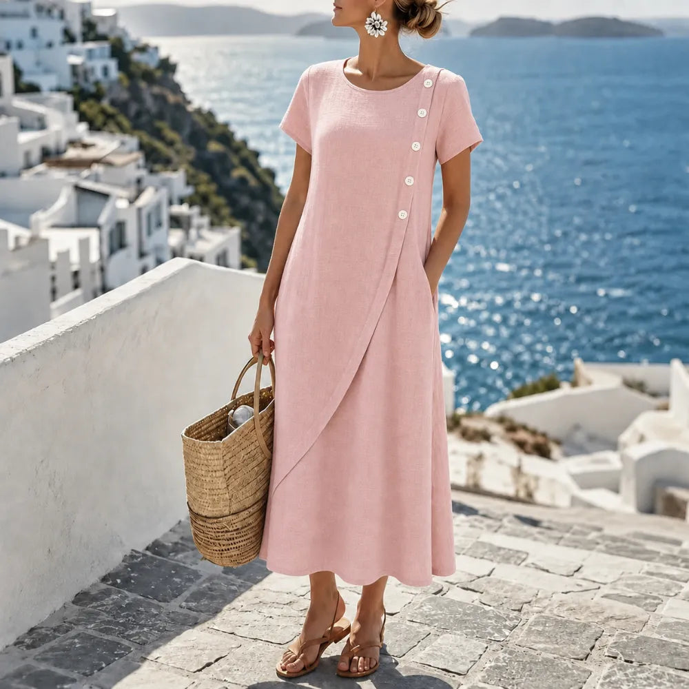 Summer Dresses for Women with Asymmetric Button Front in Linen Look