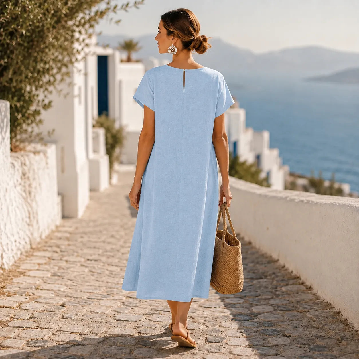 Summer Dresses for Women with Asymmetric Button Front in Linen Look