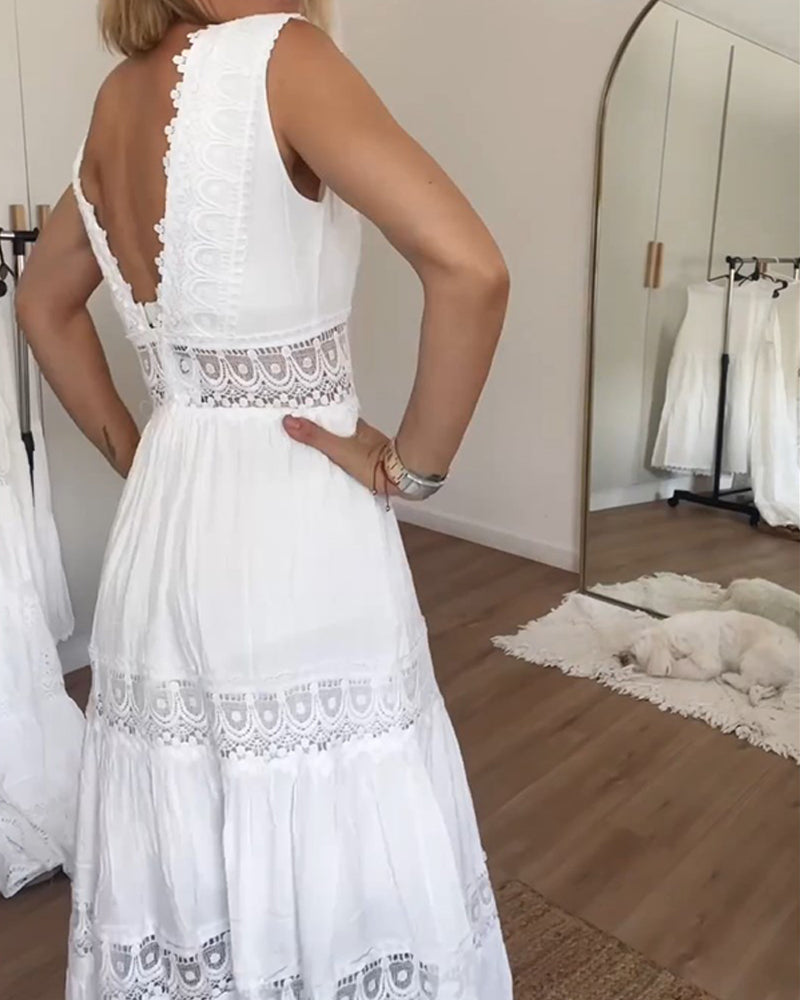 Summer Dresses for Women with Crochet Lace Trim and Tiered Maxi Skirt