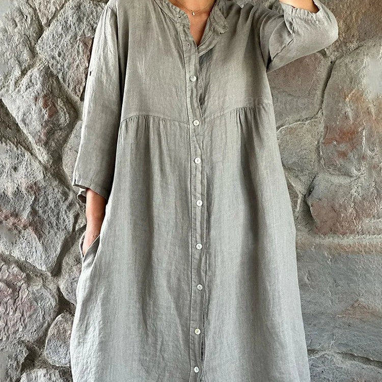 Summer Dresses Midi Dress with Stand Collar in Linen Look for Women