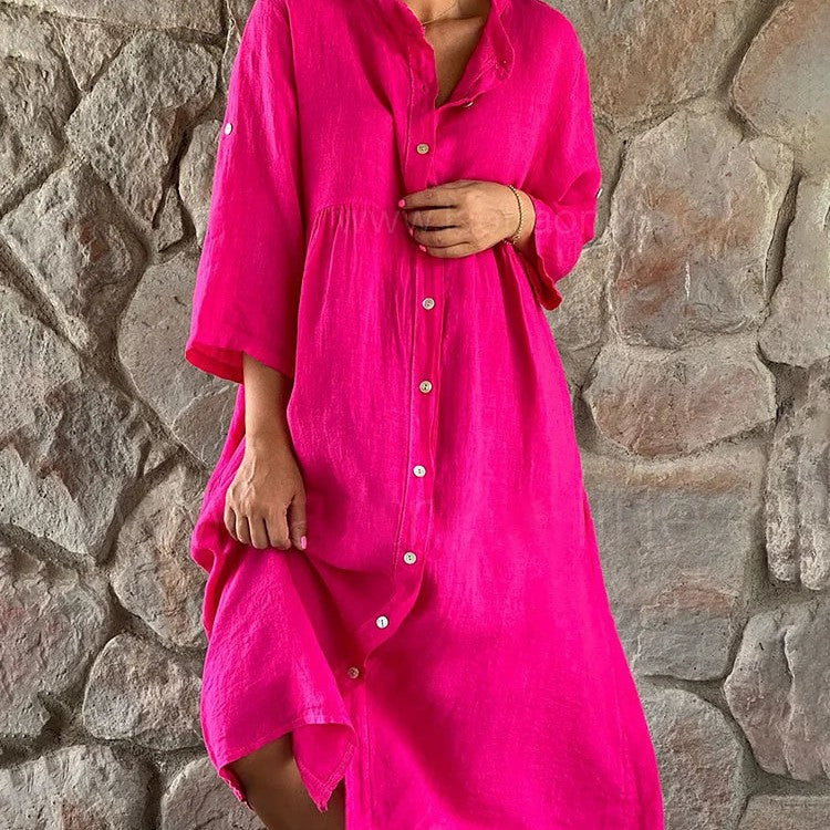 Summer Dresses Midi Dress with Stand Collar in Linen Look for Women