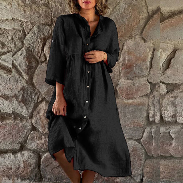 Summer Dresses Midi Dress with Stand Collar in Linen Look for Women