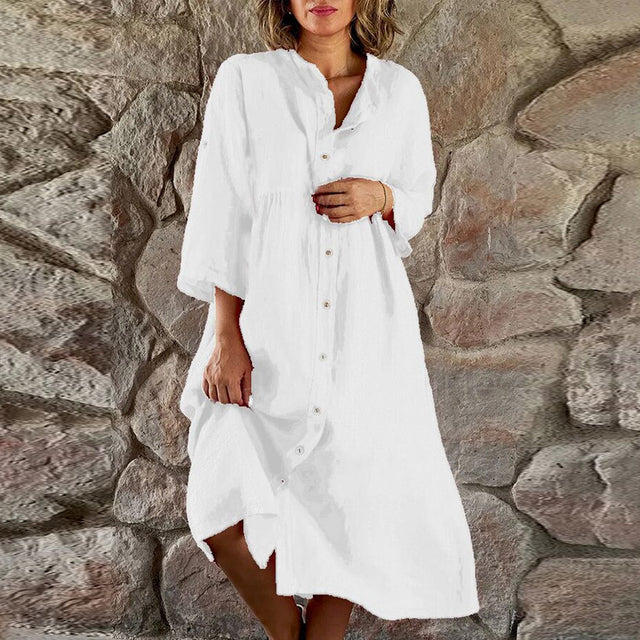 Summer Dresses Midi Dress with Stand Collar in Linen Look for Women