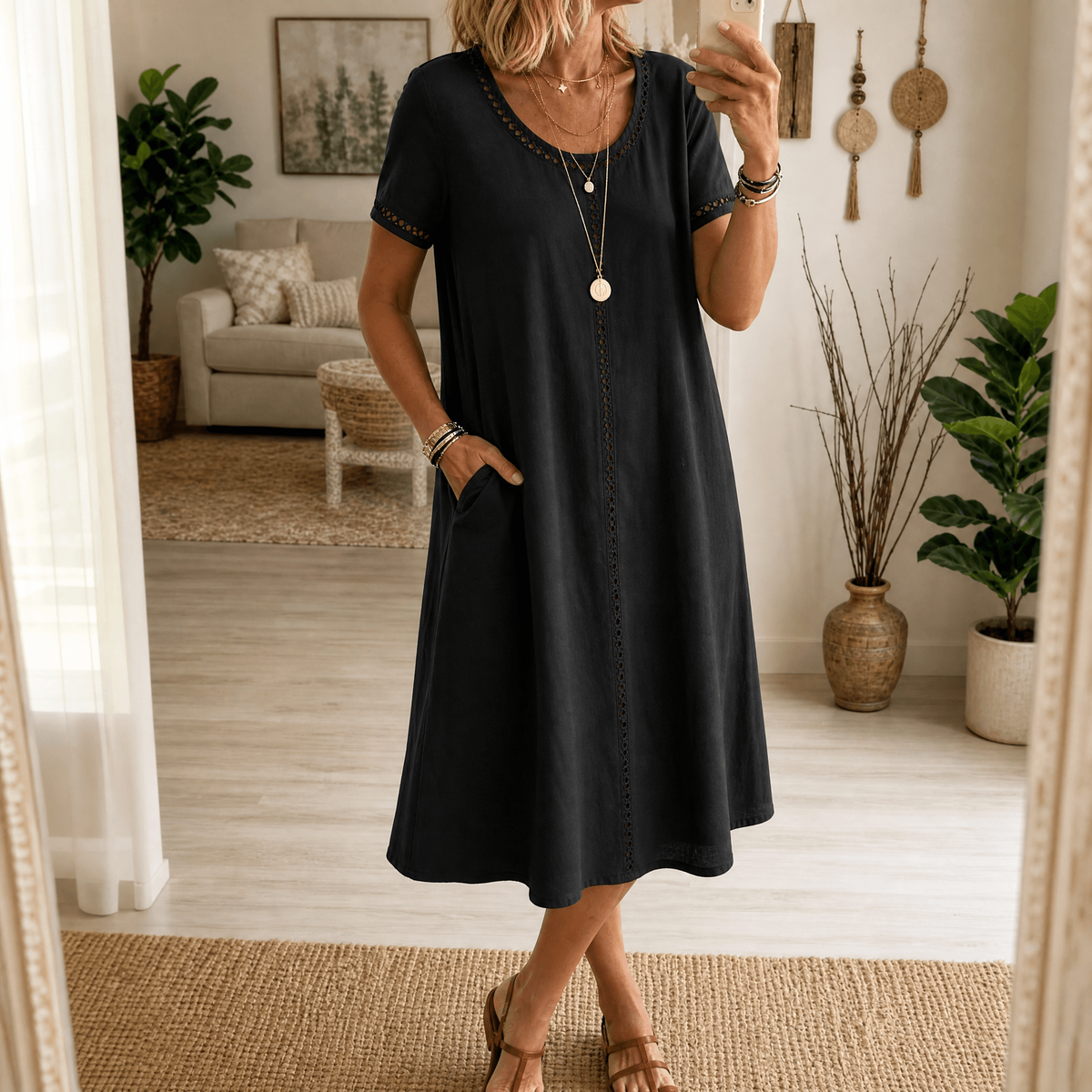 Summer Dresses: Women's Denim Midi Dress with Eyelet Trim