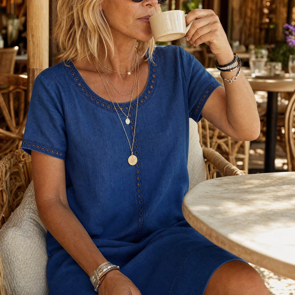 Summer Dresses: Women's Denim Midi Dress with Eyelet Trim