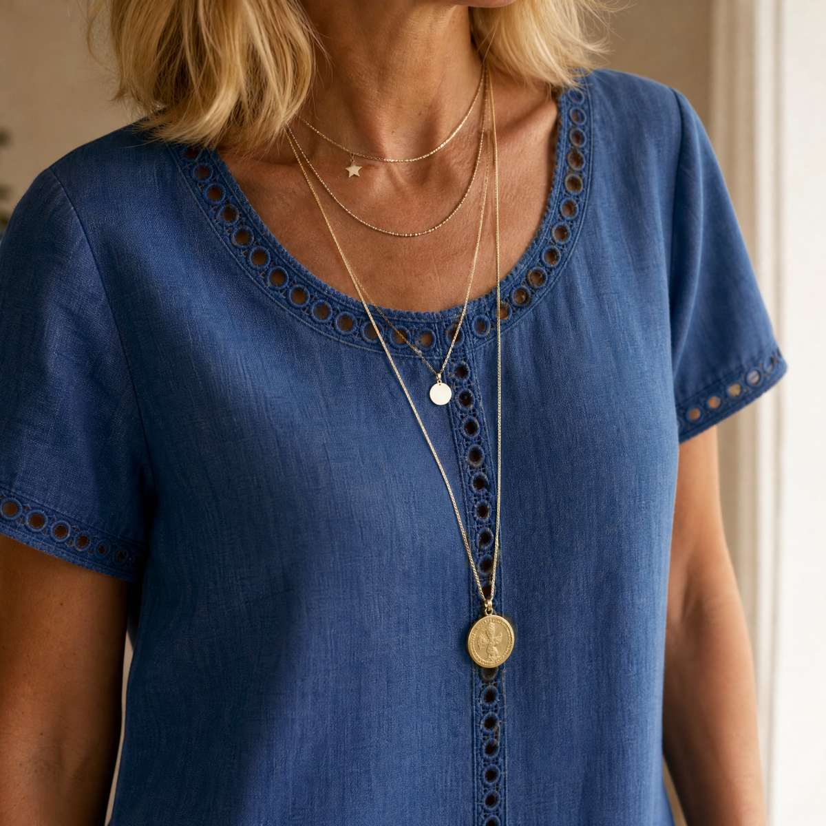 Summer Dresses: Women's Denim Midi Dress with Eyelet Trim