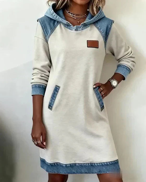 Summer Dresses: Women's Hooded Long Sleeve Midi Dress with Denim Look