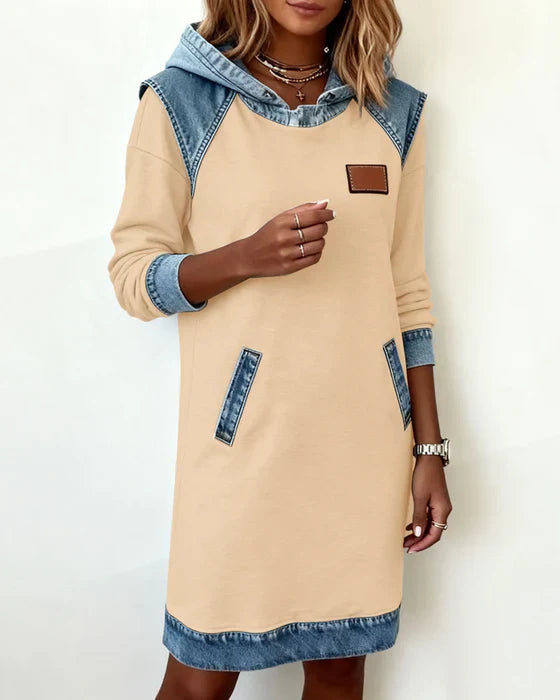 Summer Dresses: Women's Hooded Long Sleeve Midi Dress with Denim Look