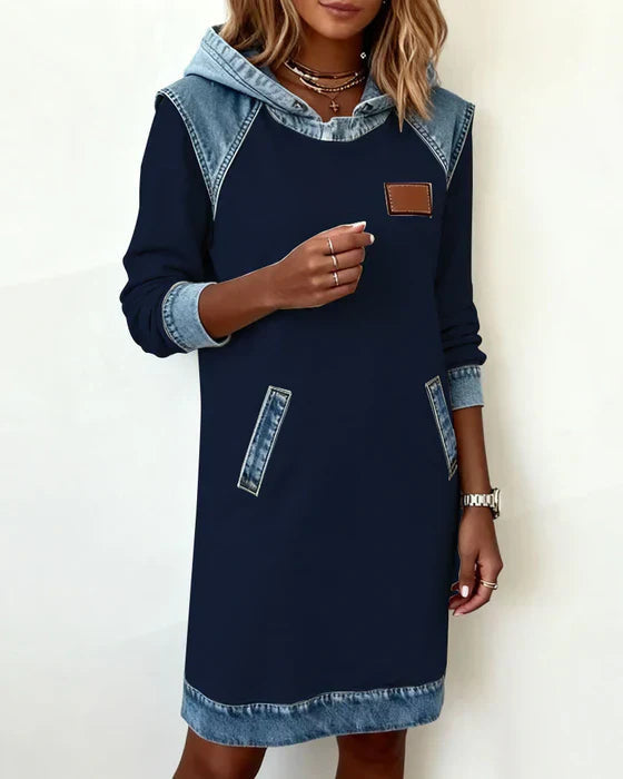 Summer Dresses: Women's Hooded Long Sleeve Midi Dress with Denim Look