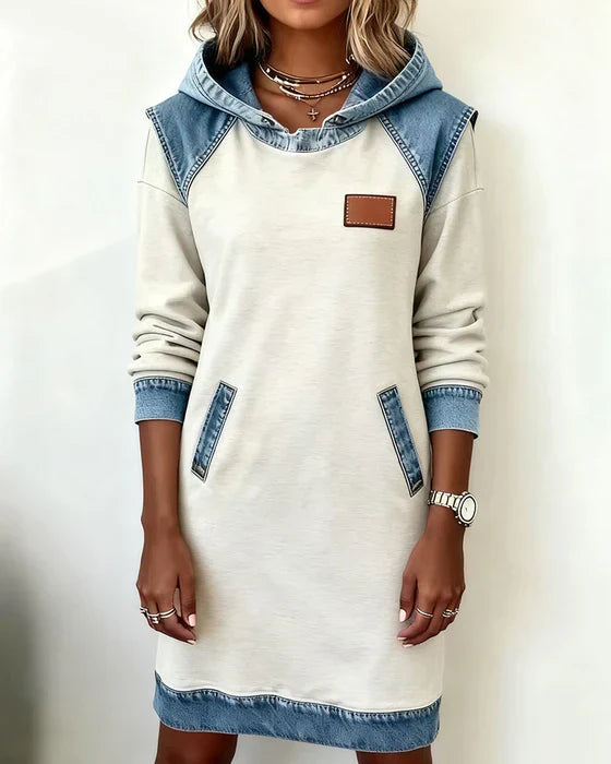 Summer Dresses: Women's Hooded Long Sleeve Midi Dress with Denim Look