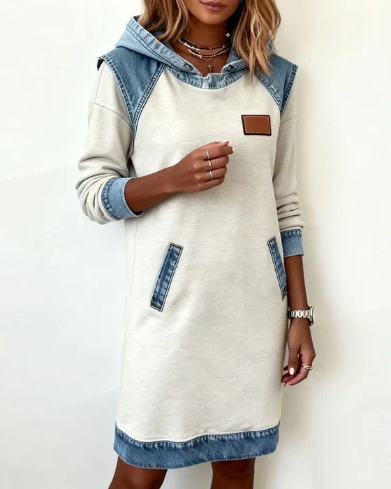 Summer Dresses: Women's Hooded Long Sleeve Midi Dress with Denim Look