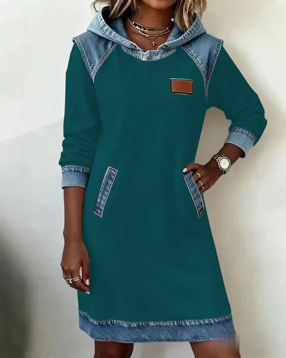 Summer Dresses: Women's Hooded Long Sleeve Midi Dress with Denim Look