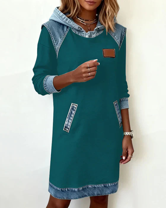 Summer Dresses: Women's Hooded Long Sleeve Midi Dress with Denim Look