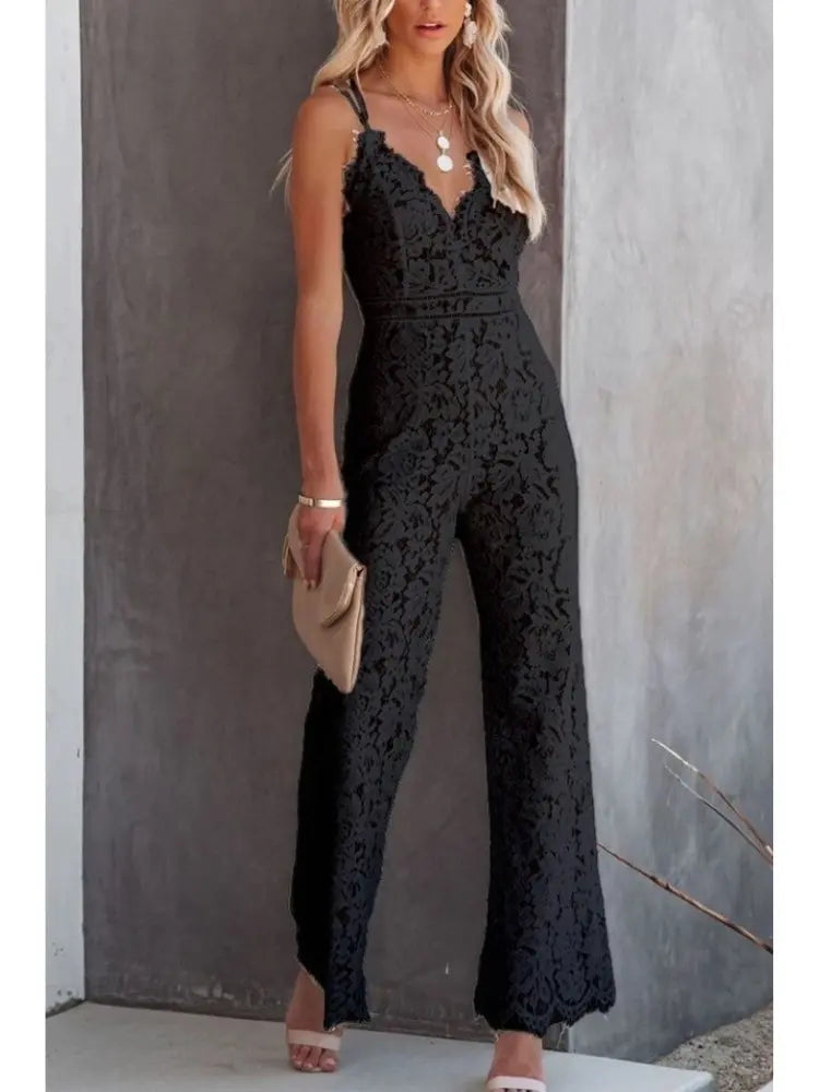 Summer Jumpsuits for Women in Floral Lace with Wide Leg and V Neck