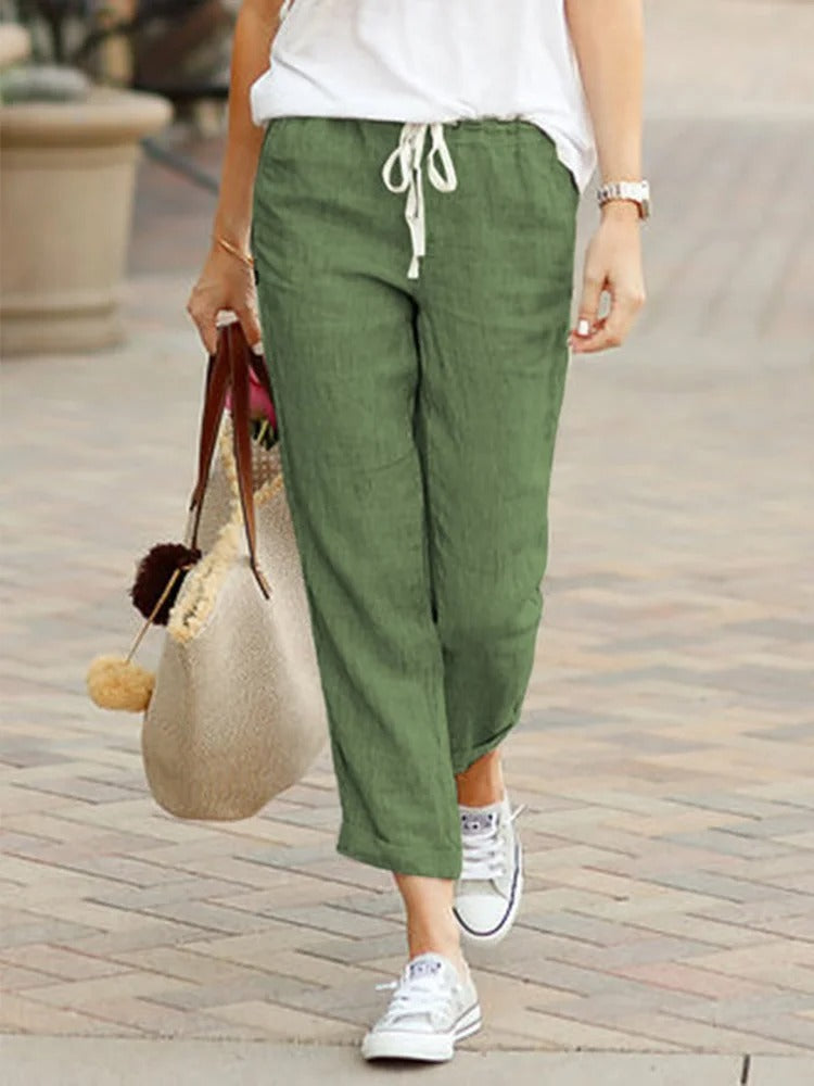 Summer Pants for Women with Elastic Drawstring Waist in Linen Look