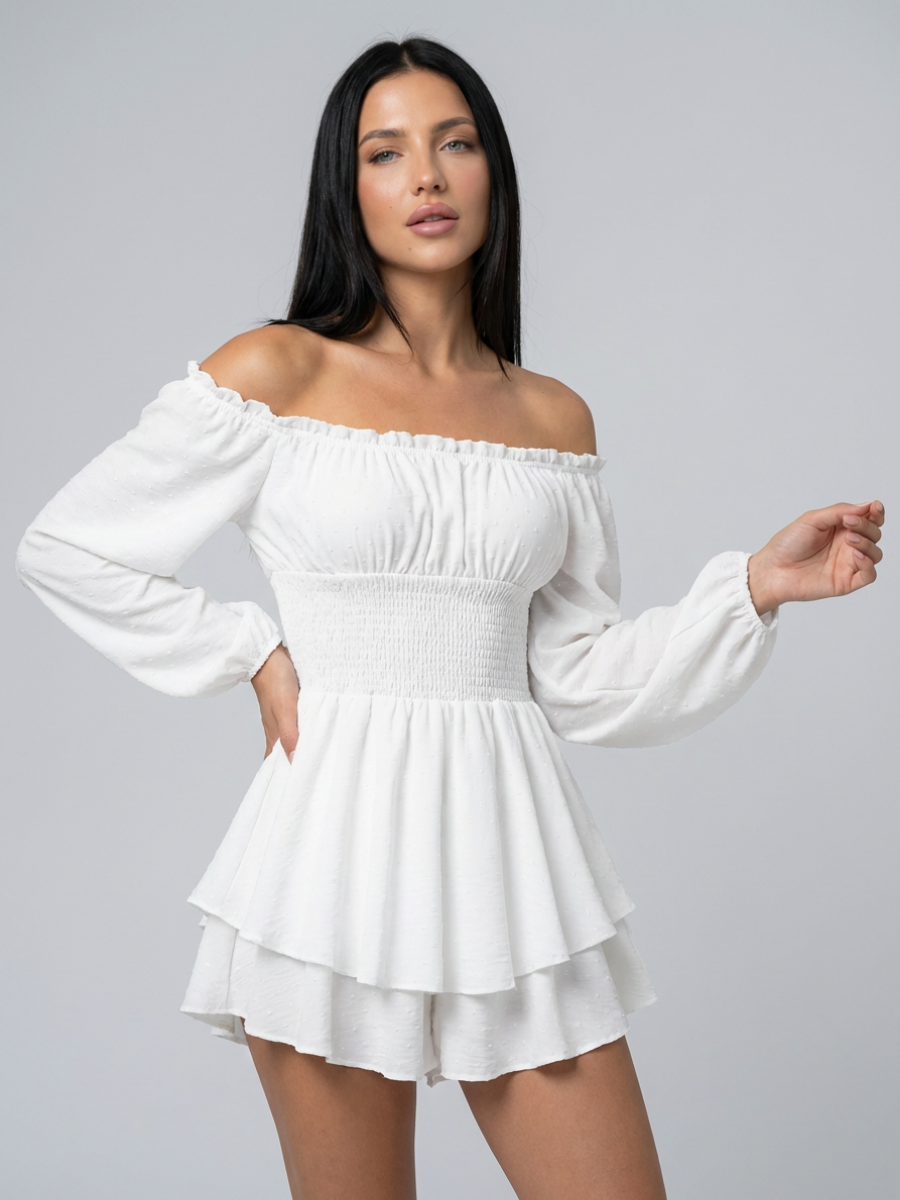 Summer Play Suits Women's Off-Shoulder Playsuit with Shirred Waist