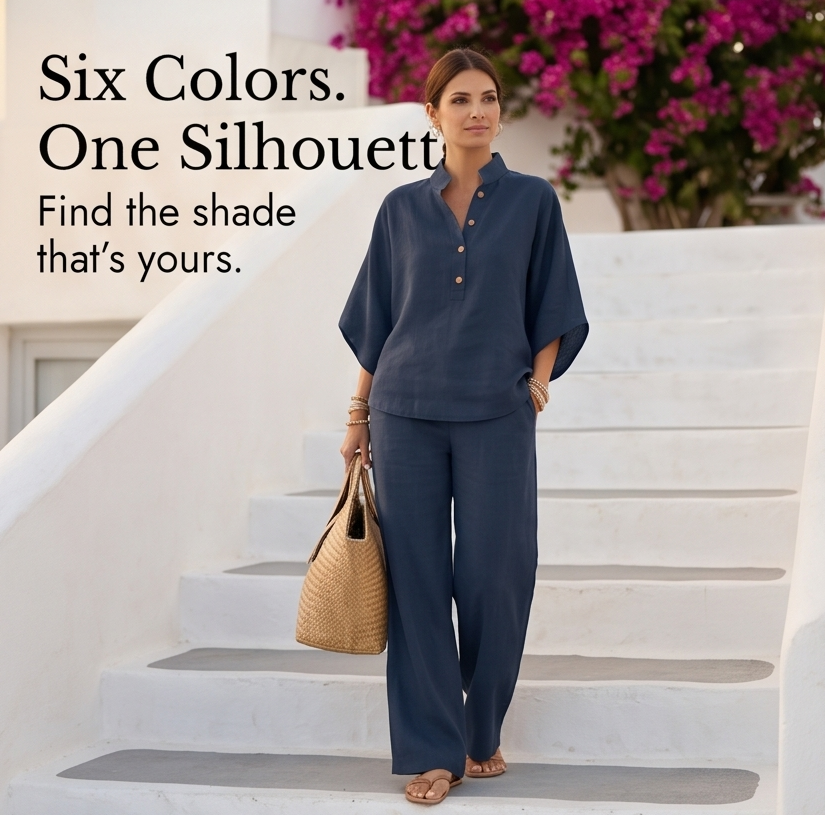 Womens Linen Set with Wide Leg Pants and Stand Collar Tunic Top