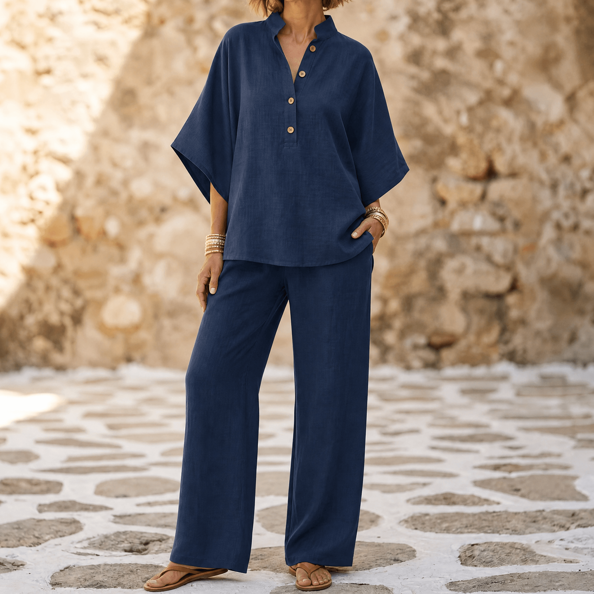Womens Linen Set with Wide Leg Pants and Stand Collar Tunic Top