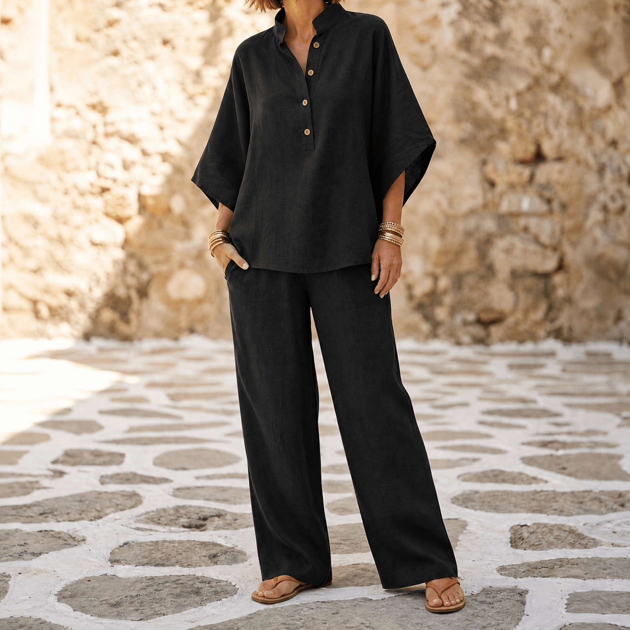 Womens Linen Set with Wide Leg Pants and Stand Collar Tunic Top