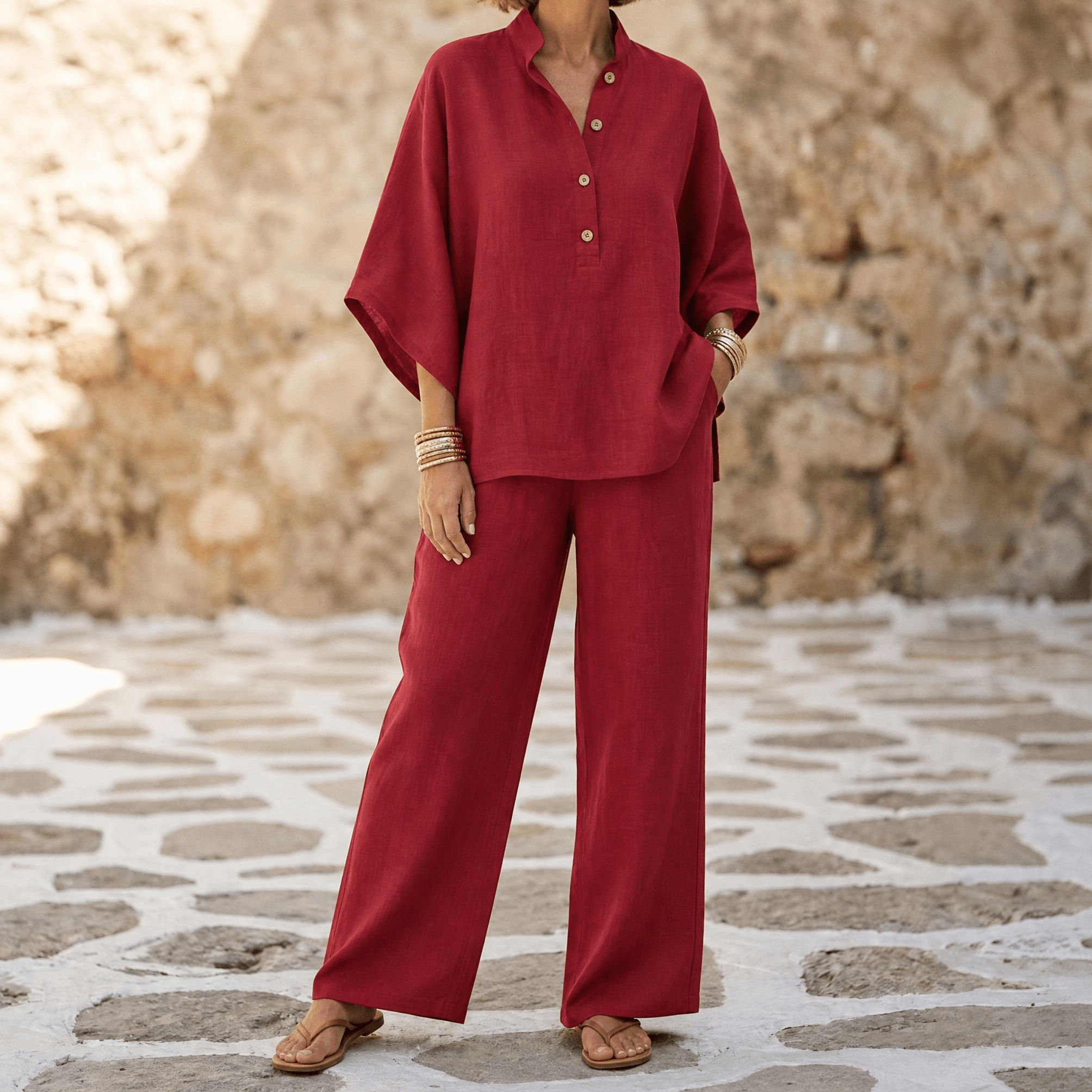 Womens Linen Set with Wide Leg Pants and Stand Collar Tunic Top