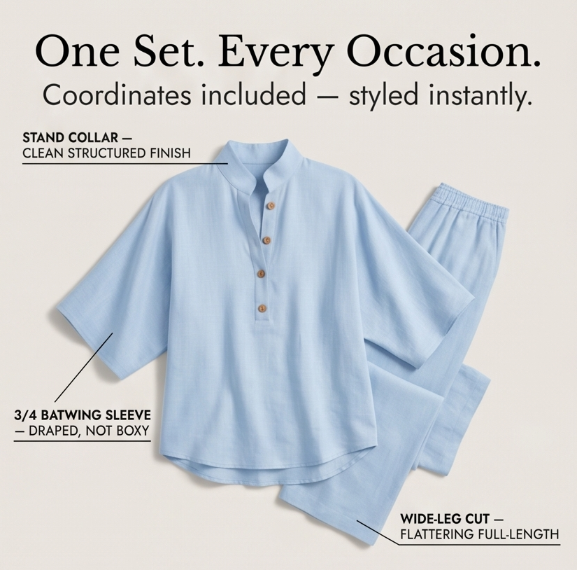 Womens Linen Set with Wide Leg Pants and Stand Collar Tunic Top