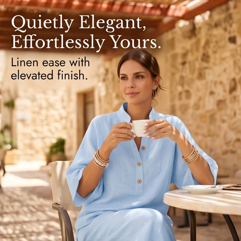 Womens Linen Set with Wide Leg Pants and Stand Collar Tunic Top