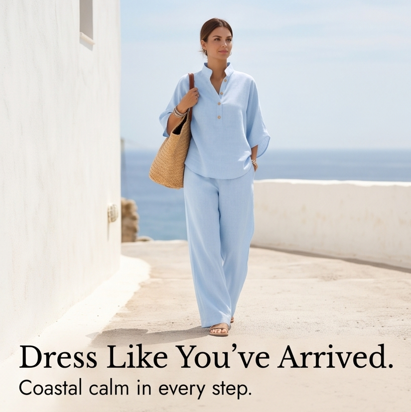 Womens Linen Set with Wide Leg Pants and Stand Collar Tunic Top
