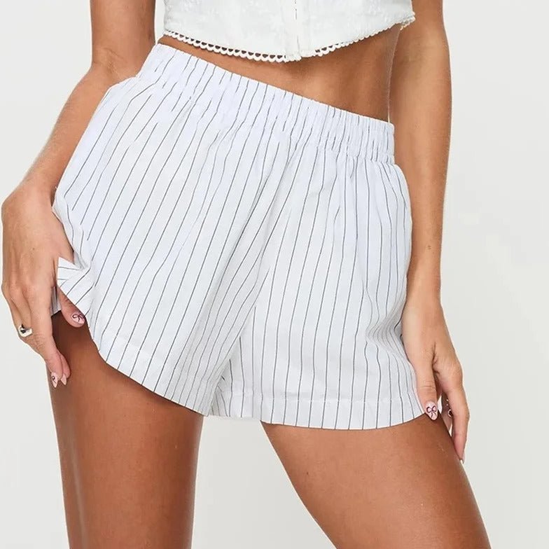 Womens Summer Shorts in Striped Cotton Look with Elastic Waistband