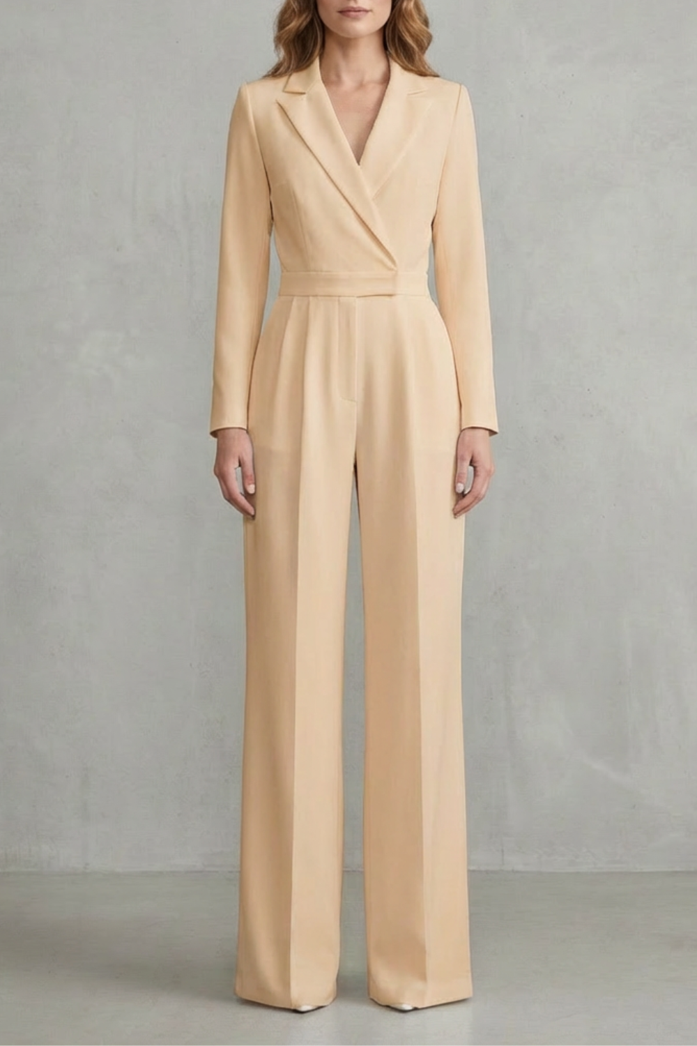 Wide Leg Jumpsuit with Slant Lapel in Stretch Woven Fabric for Women