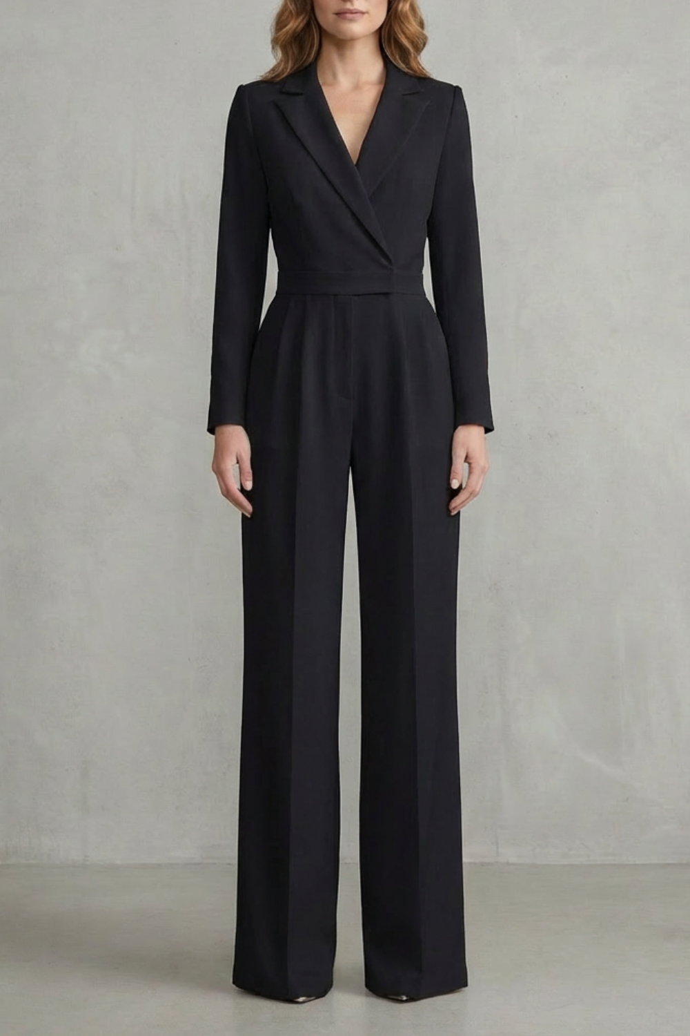 Wide Leg Jumpsuit with Slant Lapel in Stretch Woven Fabric for Women
