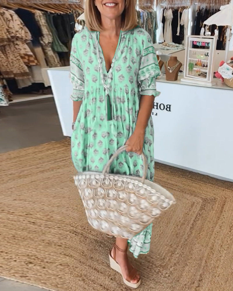 Women's Boho Print Maxi Dress with Tie Front V-Neck and Puff Sleeves